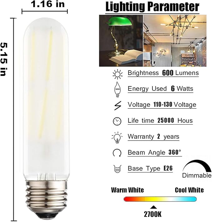 XININSUN T10 Frosted LED Bulbs Warm White 2700K,Dimmable 6W LED Tubular Edison Bulbs 60 Watt Equivalent,600LM, E26 Medium Base Lamp Bulb for Desk Lamp, Pendant Lights. (3-Pack)