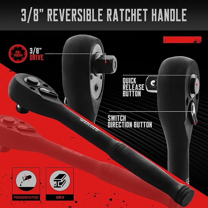 70pcs 3/8" Drive Impact Socket Set,Standard SAE(5/16 to 3/4-Inch) Metric Size(8-22mm), CR-V Steel Deep Socket Kit, Adapters, Ratchet Handle, Screwdriver Bit Set, Sliding T Bar, 6 Point