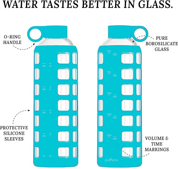 purifyou Premium 40/32 / 22/12 oz Reusable Glass Water Bottles with Time and Volume Markings, Non-Slip Silicone Sleeve & Stainless Steel Lid Insert, for Water, Milk, Fruit Juice (32oz Aqua Blue)
