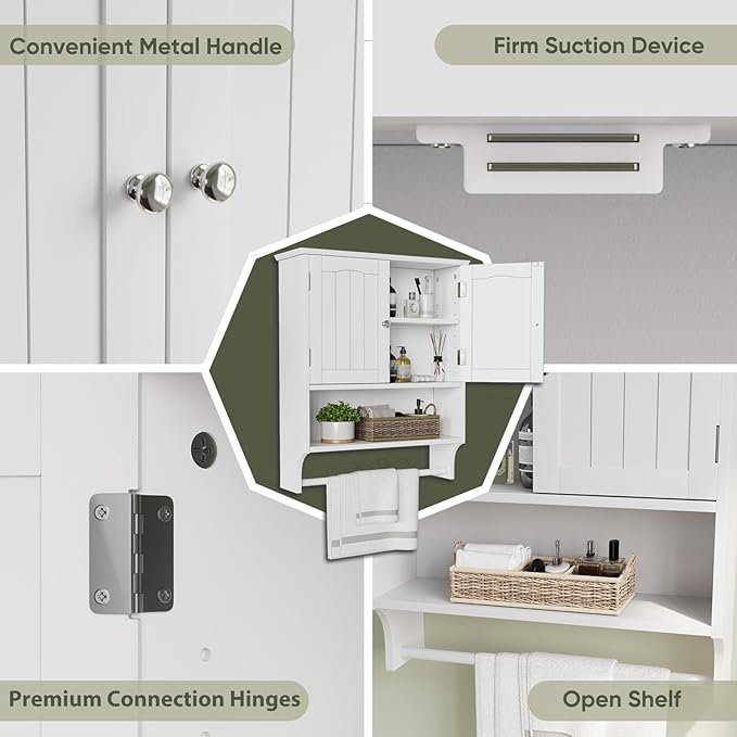 Smuxee White Bathroom Cabinet Wall Mounted with Towels Bar, Bathroom Medicine Cabinet with 2 Door Adjustable Shelves, Over Toilet Cabinet for Bathroom Laundry Room Kitchen