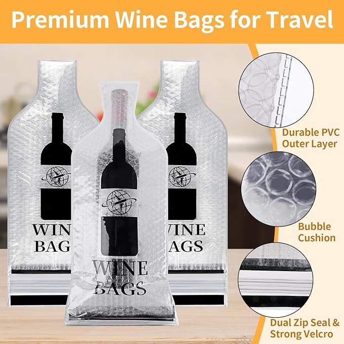 Wine Bags for Travel, 3 Set Reusable Wine Bottle Travel Protector Bags, Double Layer Leak Proof Wine Travel Bags for Wine Bottles Airplane Car Cruise Safety Impact Resist, Wine Sleeves for Suitcase