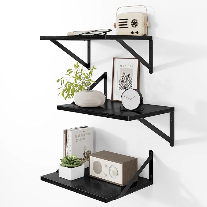 Heimlove Deep Floating Shelves for Wall, 12 Inch Deep Floating Shelves Set of 3, 16W x 12D Wood Wall Shelves, Wide Wood Shelves with Metal Bracket for Living Room, Kitchen, Office, Bedroom - Black