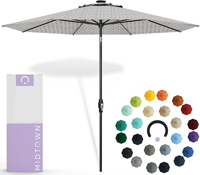 Midtown Umbrellas The LED Swilt 10 Feet Patio Umbrella With Sunbrella Infused Gem Acrylic Fabric - Auto-Tilt Aluminum Frame With LED Lights For Backyard, Deck, Garden, Pool - Black Pole