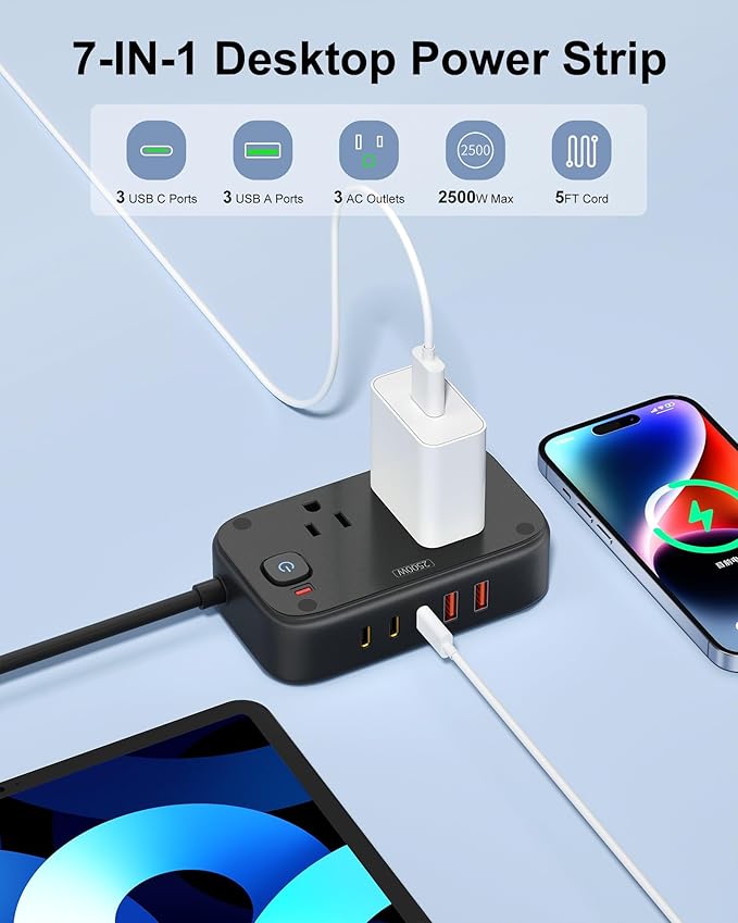 Power Strip with USB C - 40W Charging Station with 2 Outlets 3 USB C & 2 USB A - Charger for Multiple Devices, 5Ft Flat Plug Extension Cord for Travel Cruise Ship Office Dorm (Black)