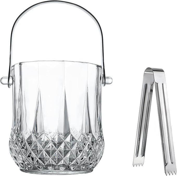 Glass Ice Bucket with Handle and Ice Tong Clear Crystal Ice Buckets for Cocktail Bar Wine Home Bar Accessories Parties Clear Champagne Bucket