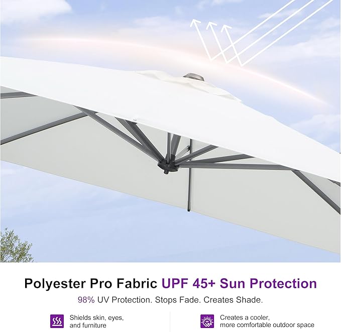 PURPLE LEAF 10 Feet Patio Umbrella Outdoor Cantilever Square Umbrella Aluminum Offset Umbrella with 360-degree Rotation for Garden Deck Pool Patio, White