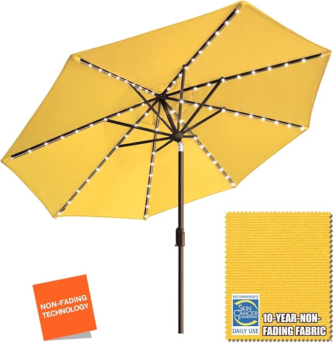 EliteShade USA 10-Year-Non-Fading Solar 9ft Market Umbrella with 80 LED Lights Patio Umbrellas Outdoor Table Umbrella with Ventilation, Sunflower Yellow