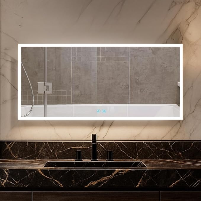 Blossom LED Mirror Medicine Cabinet with Lights, 60x32 Inch | Wall Mounted LED Lighted Bathroom Medicine Cabinet | Recessed or Surface with Defogger, 3 Color Dimmer | Makeup Mirror with Lights