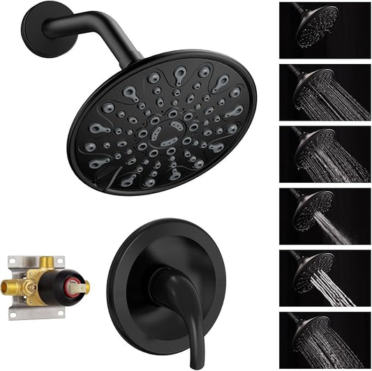EMBATHER Shower Faucet with Valve, Single Handle Control Shower Valve and Trim Kit, Bathroom Rainfall Shower System with 6 Inch Shower Head, Matte Black