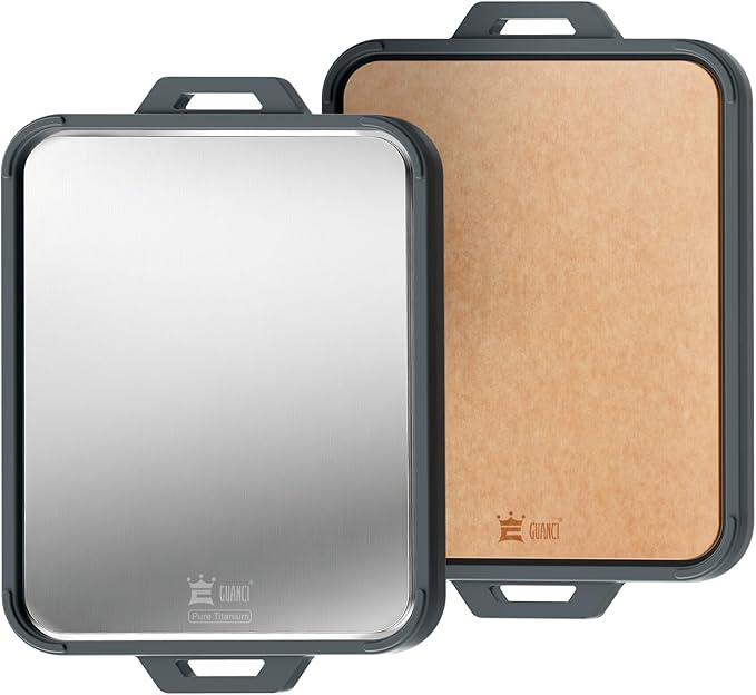 GUANCI Pure Titanium Cutting Board, Double Sided Cutting Board for Kitchen, Pure Titanium/Wood Fiber Composite with Juice Groove Dishwasher Safe 16"L x 11"W