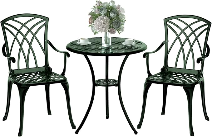 Patio Bistro Set 3 Piece, Cast Aluminum Bistro Set for 2 w/Umbrella Hole, Outdoor Table and Chairs Set of 2, Bistro Set for Balcony/Backyard/Garden, Green