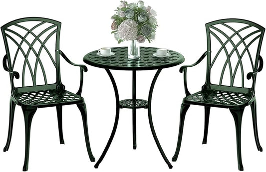 Patio Bistro Set 3 Piece, Cast Aluminum Bistro Set for 2 w/Umbrella Hole, Outdoor Table and Chairs Set of 2, Bistro Set for Balcony/Backyard/Garden, Green