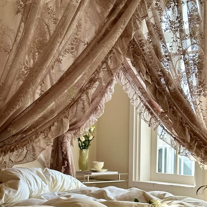 Elegant Lace Princess 4 Corner Post Mosquito Net Romantic for Girls Women Bed Curtain Canopy for Adult Wedding Bedroom Kids Rooms Decoration (Coffee, Full)