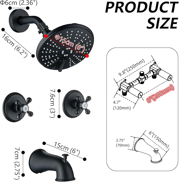 2 Handle Shower Faucet Set, Matte Black Shower Faucet Set 2 Knobs, Two Handles Bath Tub Shower Faucets Sets Complete Wall Mounted Brass Valve and Trim Kit