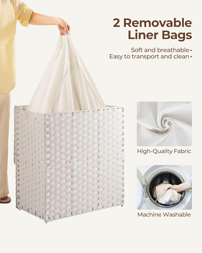 Greenstell Laundry Hamper with lid, No Install Needed, 110L Wicker Laundry Baskets Foldable 2 Removable Liner Bags, 2 Section Clothes Hamper Handwoven Rattan Laundry Basket with Handles, White