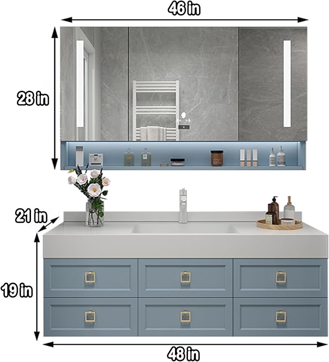 48IN Floating Bathroom Vanity - Bathroom Vanity with Sink with 6 Drawers & Multifunctional LED Mirror Cabinet | Textured Metal Handles & Large Storage Capacity & Waterproof Design, Blue