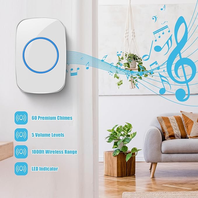 8 Pcs Waterproof Doorbell Kit 4 Pcs Home Doorbell with 4 Pcs Receivers 1000 FT Range 5 Volume Levels with 60 Doorbell Chimes and LED Flash (White)