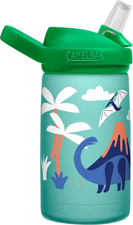 CamelBak eddy+ Kids Water Bottle with Straw, Insulated Stainless Steel - Leak-Proof when Closed, 12oz, Dino Volcanos
