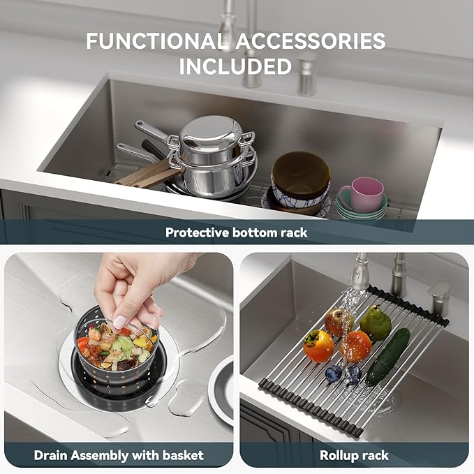 30 Kitchen Sink Undermount - Lordear 30 x 18 inch Undermount Sink 16 Gauge Stainless Steel Deep Single Bowl Under Counter Rectangular Handmade Sinks Basin