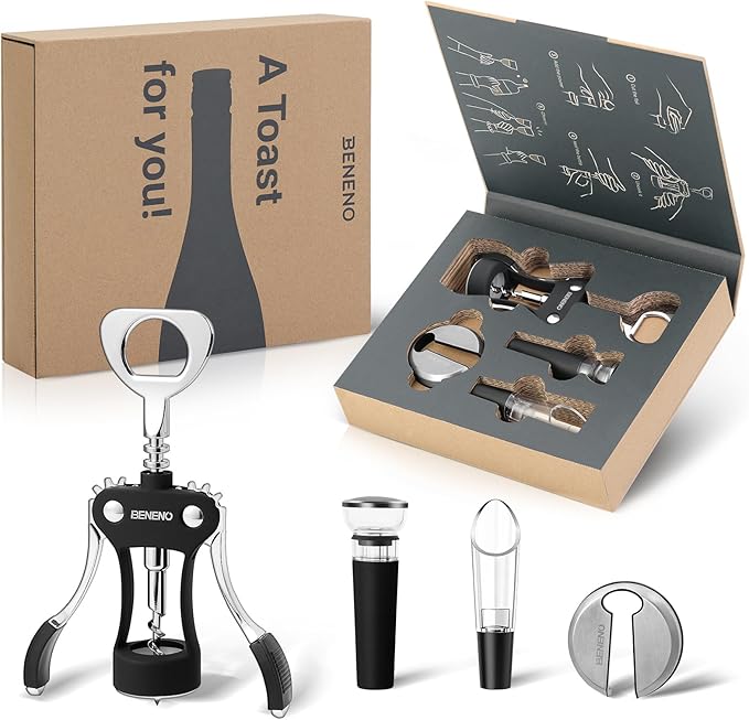 Wine Opener Gift Set Premium Wing Corkscrew Wine Bottle Opener with Multifunctional Bottles Opener, Wine Foil Cutter, Wine Vacuum Stopper, Wine Aerator Pourer Upgrade for Wine Lovers Man Woman, Black