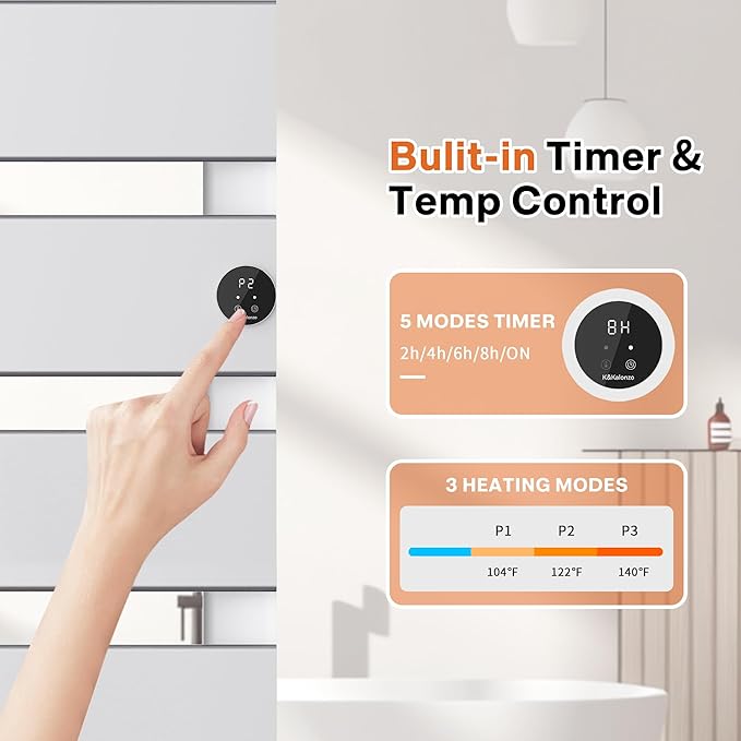 K&KALONZO Electric Towel Warmer, 18.35" W x 31" H Wall-Mounted Towel Heater with Built-in Timer, Waterproof Aluminum Towel Warmer for Bathroom, Support Plug-in and Hardwired, Silver, K4-R-S