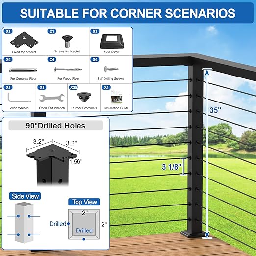 35" Stainless Steel Corner Cable Railing Post, Black Top Mount Corner Line Post with Grommets for Deck Railing Systems, Indoor & Outdoor Use, MY08-C
