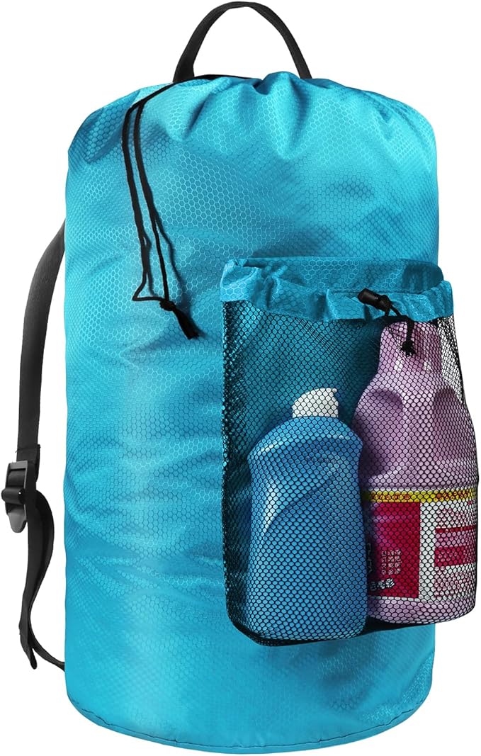 Laundry Bag with Shoulder Straps and Mesh Pocket Laundry Backpack Large Portable Laundry Hamper for College Laundromat Apartment