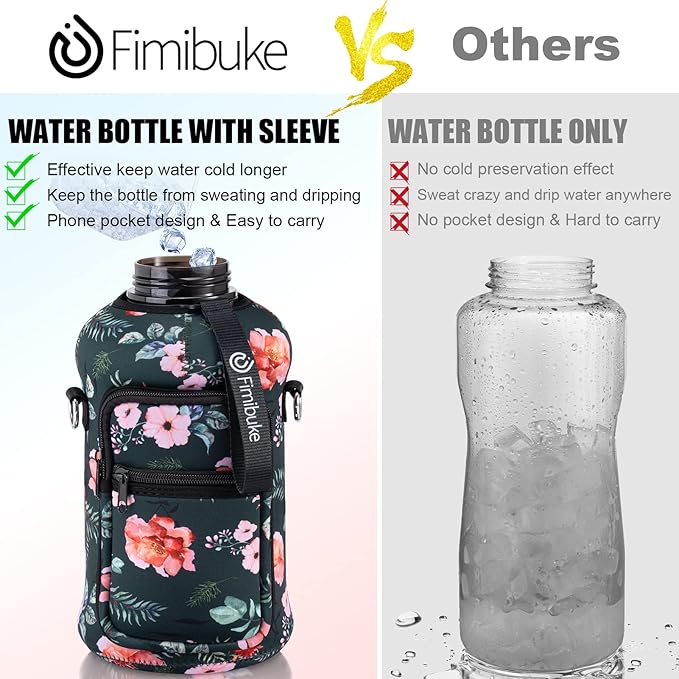 Fimibuke Half Gallon Water Bottle with Sleeve 64 OZ Water Bottle with Handle & Straw Leakproof Motivational Sports Gym Water Bottle with Time Marker BPA Free Water Jug with Reusable Neoprene Holder
