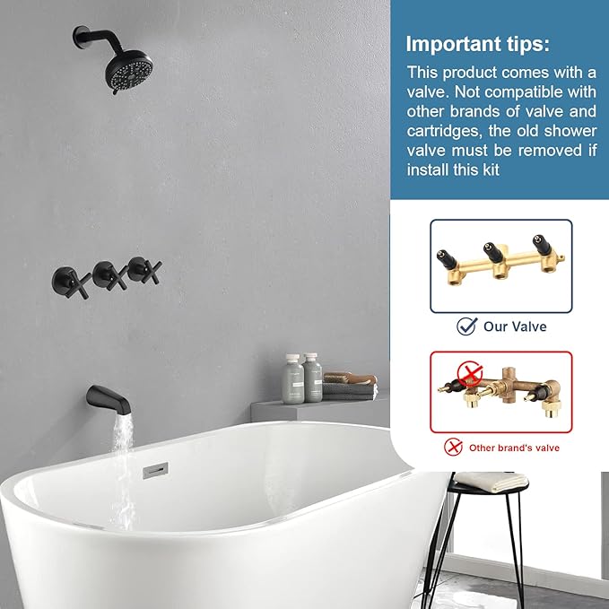3 Handles Shower Faucet Set with Tub Spout Bathtub Shower Faucets Combo Set Shower System Complete Tub and Shower Trim Kit Shower Fixtures Matte Black