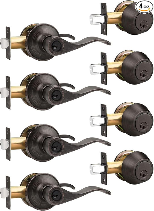Gobrico 4 Sets Front Entry Door Levers and Single Cylinder Deadbolt Combination Locksets, Oil Rubbed Bronze Keyed Alike Exterior Door Handleset with Deadbolts in Wave Style