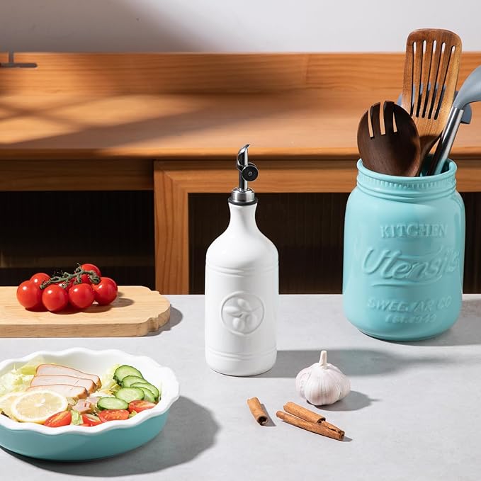 Sweejar 16 Oz Ceramic Olive Oil Dispenser Bottle, Oil Dispenser for Kitchen with Gravity Spout, Relief Opaque Oil Container for Evoo, Avocado Oil, Vinegar, Soy Sauce, 1 Pack(White, Silver Spout)