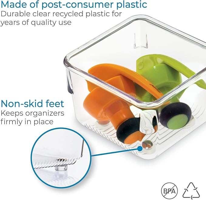 iDesign Linus Plastic Drawer Organizer, Storage Container for Vanity, Bathroom, Kitchen Drawers, 3" x 3" x 2", Set of 2, Clear