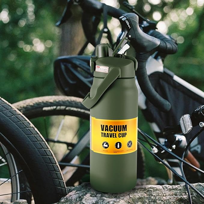 50oz/1.5L Insulated Sports Water Bottle, Stainless Steel Double Wall Water Jug with Handle, 2-in-1 Chug Spout and Straw Lid with Lock Cover for School, Outdoor, Sports & Travel, Army Green