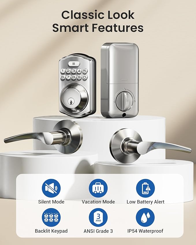 Veise Keyless Entry Door Lock with 2 Lever Handles - Electronic Keypad Deadbolt, Easy Installation Digital Smart Front Door Lock Set, Satin Nickel