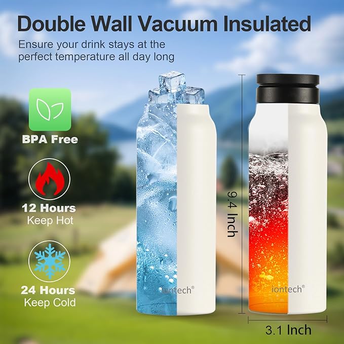 Insulated Water Bottle with Magnetic Phone Holder Compatible with MagSafe and iPhone, Stainless Steel Water Bottle Phone Mount For Sports Travel School, Hot 12H Cold 24H, 24oz (White)