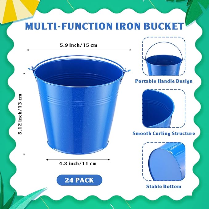 Rtteri 24 Pcs Metal Bucket, Small Metal Bucket, Party Favor Buckets with Handle, 6 x 5 Inch Ice Bucket for Kids, Flower Pot Plant Basket, Mini Toy Containers for Crafts Candy (Dark Blue)