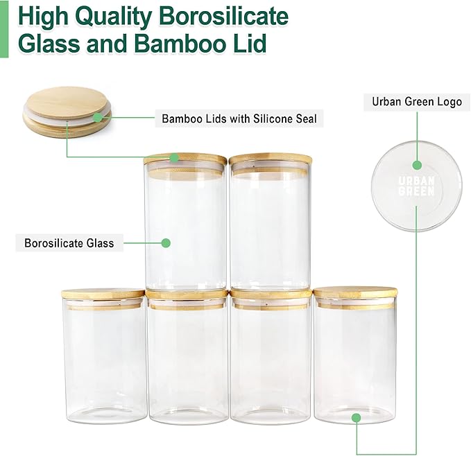 Urban Green Glass Jars with Bamboo Lids, Glass Airtight Canisters sets, Food Storage Container, Pantry Organization and Storage Jars, Kitchen Canisters Sets, Flour Containers of 6
