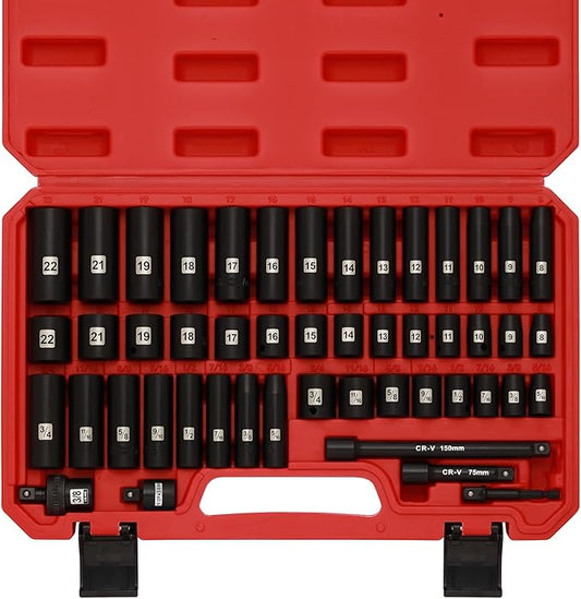Mayouko 49 Pieces 3/8" Drive Impact Socket Set, 5/16"-3/4", 8-22MM, SAE/Metric, 6 Point, CR-V, Includes Extension Bar, Adapter, Universal Joint