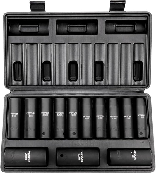 VEVOR 1/2" Drive Impact Socket Set, 13 Piece Deep Socket Set Metric 10-24mm, 6 Point CR-V Alloy Steel for Auto Repair, Easy-to-Read Size Markings, Rugged Construction, Includes Storage Case