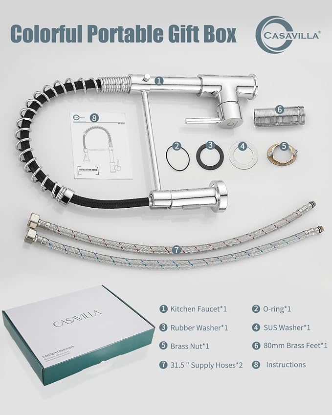 Kitchen Faucet, Commercial Kitchen Sink Faucets with Pull Down Sprayer, Stainless Steel Faucets for Kitchen Sinks, Dual Function Spray Head, Single Handle Spring Kitchen Faucets -Chrome Finish