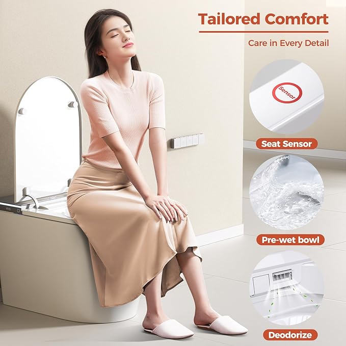 Smart Toilet, One Piece Toilet with Bidet Built in,Modern Elongated Toilet with Built-in Tank, Heated Toilet Seat, Bidet Warm Water, Dryer, Automatic Toilet Flusher, Foot Sensor Operation