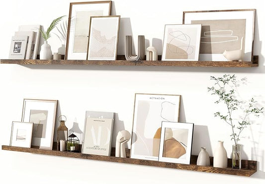 Fun Memories Picture Ledge Shelves Set of 2, 55 Inch Rustic Wall Mounted Floating Shelves with Lip for Home Storage and Décor in Bathroom, Kitchen, Nursery, Bedroom, Living Room, Brown