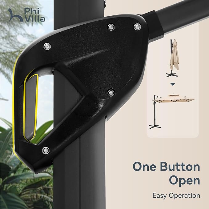 PHI VILLA 9’ x 12’ Cantilever Patio Umbrella with Base, Outdoor Rectangular Heavy Duty Large Umbrella with Hydraulic Lift and 360° Rotation, Beige