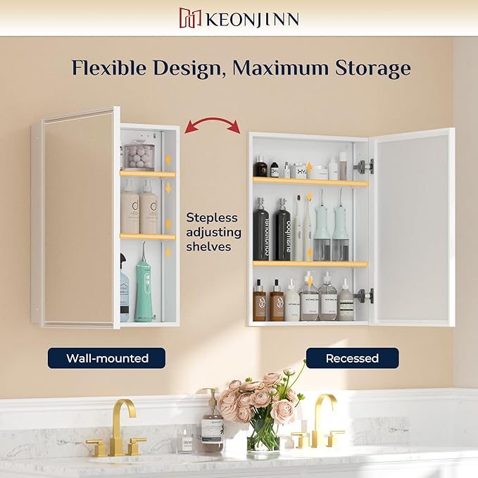 Keonjinn 17" x 25" White Medicine Cabinet with Mirror, Recessed or Surface Wall-Mounted Aluminum Alloy Framed Beveled Mirror, Single Door Farmhouse Bathroom Cabinet with Storage