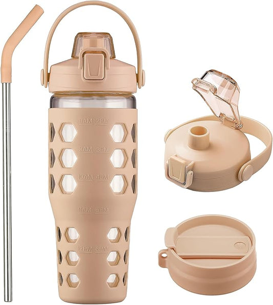 MUKOKO 32 oz Glass Tumbler with Straw,Glass Water Bottles with Time Marker,Iced Coffee Cup with 2 Lids-Handle Spout Lid&Straw Lid,Silicone Sleeve,Leakproof,1 Pack-Amber