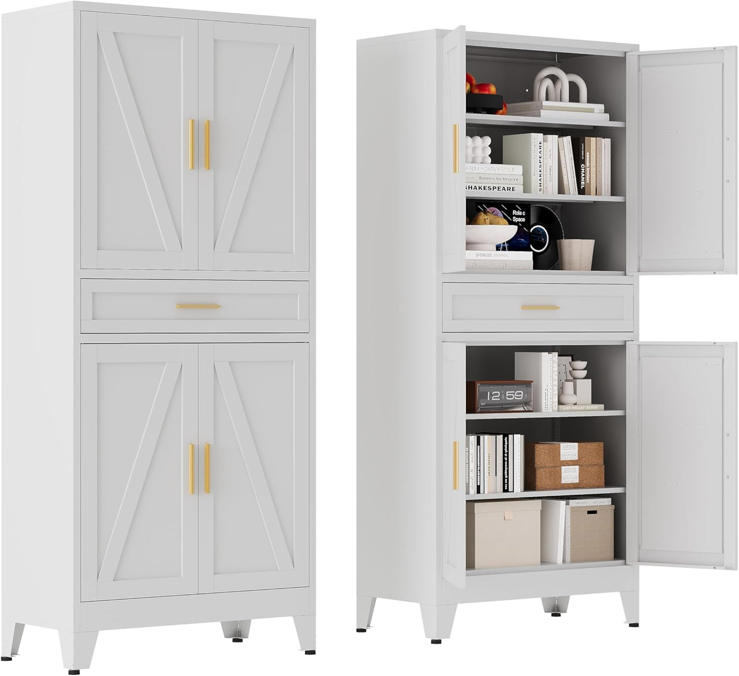 71 "Farmhouse Metal Filing Cabinet with a Drawer and 4 Adjustable Shelves, with 4 Large barn Door White Kitchen Cabinets, Metal Food Cabinets for Home, Kitchen, Dining/Living Room (White)