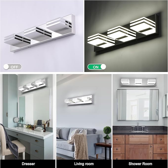 LED Vanity Lights 20in Bathroom Lights Fixtures over Mirror 3 Light LED Lighting Fixture for Bathroom 18W Mirror Lighting Fixture Modern Bath Light Bar Chrome Bath Lamps 6000K Vanity Wall Scone