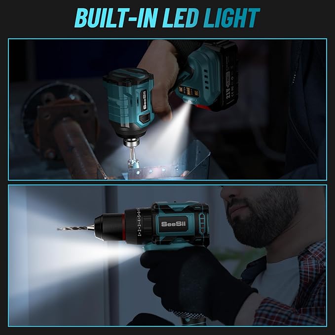 SEESII 21V Max Cordless Drill and Impact Driver, Power Tool Combo Kit Included 3/8'' Drill & 1/4'' Impact Driver, 2x 4000mAh Battery, Fast Charger, 20 pcs Driver Bit Set & Bag