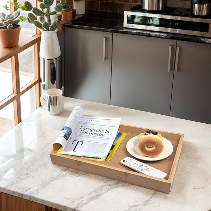 Large Bamboo Wooden Tray with Handles, Rectangular Natural Solid Wood Dinner Tray, Bamboo Wood Original Color. Suitable for Kitchen,Bedroom, Coffee, Party bar. (14.9x10.2 inches)