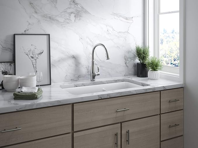 KOHLER K-8204-CM6 Cairn Sink, 33" Neoroc Composite Undermount Double-Bowl Kitchen Sink, Composite Kitchen Sink with Sink Rack, Matte White